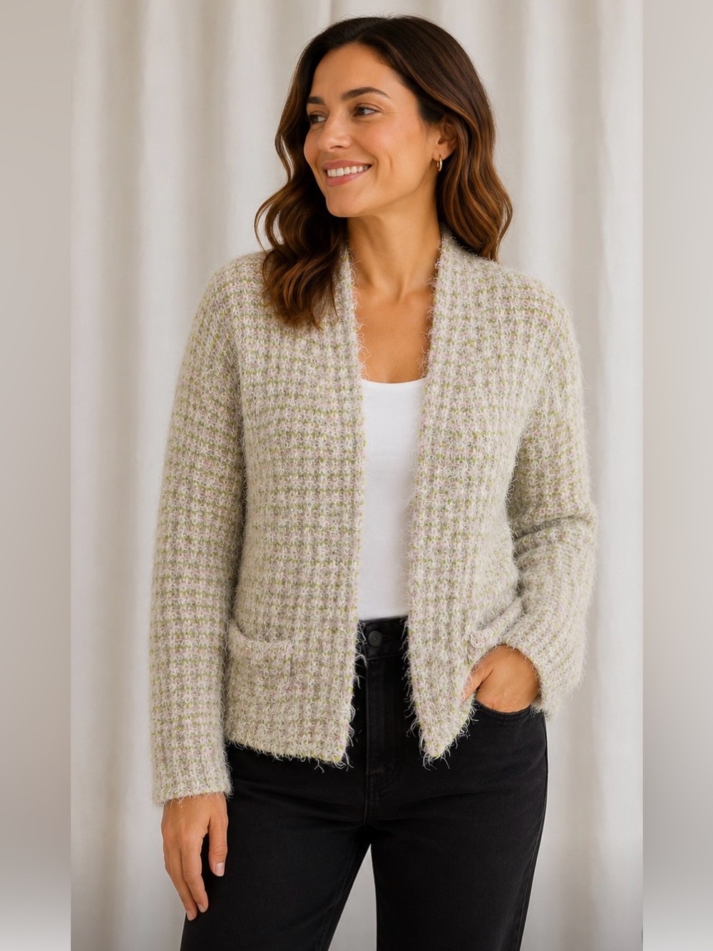 Marc Cain Fuzzy Knit Open Cardigan in Cream with Subtle Green and Pink Flecks S